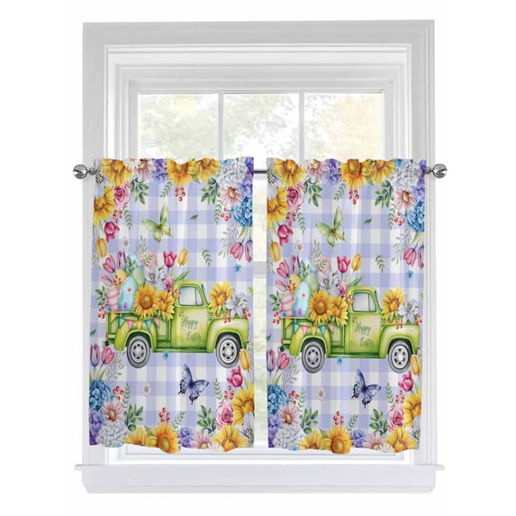 Easter Bathroom Window Curtain, Green Truck Eggs Flowers Butterflies Purple Plaid Light Filtering Coffee Kitchen Curtains, Bedroom Living Room Curtains 2 Panel 84"x54"