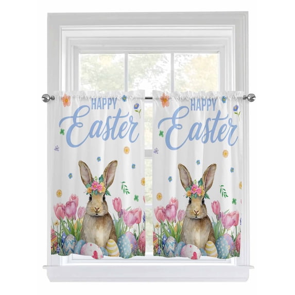 Easter Bathroom Window Curtain, Pink Tulip Flowers Spring Watercolor Bunny Floral Light Filtering Coffee Kitchen Curtains, Bedroom Living Room Curtains 2 Panel 84"x54"