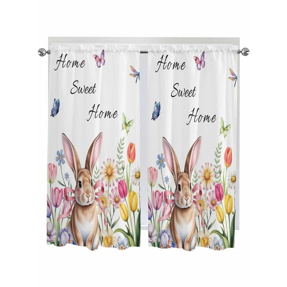 Easter Bathroom Window Curtain, Spring Watercolor Tulip Butterfly Flower Plant Light Filtering Coffee Kitchen Curtains, Bedroom Living Room Curtains 2 Panel 84"x63"