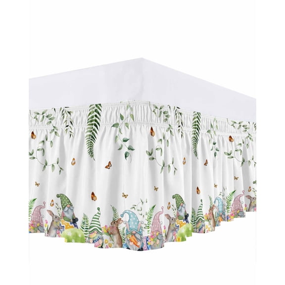 Easter Bed Skirt King Size 16 Inch Drop, Spring Gnomes Bunny Floral Green Easter Eggs Leaf Butterfly Adjustable Elastic Dust Ruffles Bedskirt for King Bed Wrap Around Pleated Mattress Frame Cover