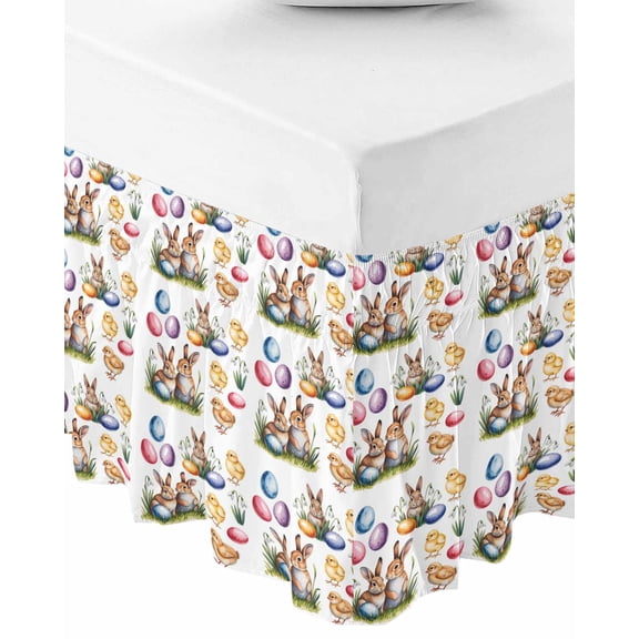 Easter Bed Skirt King Size 16 Inch Drop, Wrap Around Bed Skirts, Spring Rabbits Colorful Eggs Chicken Flowers Elastic Bedskirt Pleated Bed Frame Cover Luxurious Dust Ruffle for King Bed