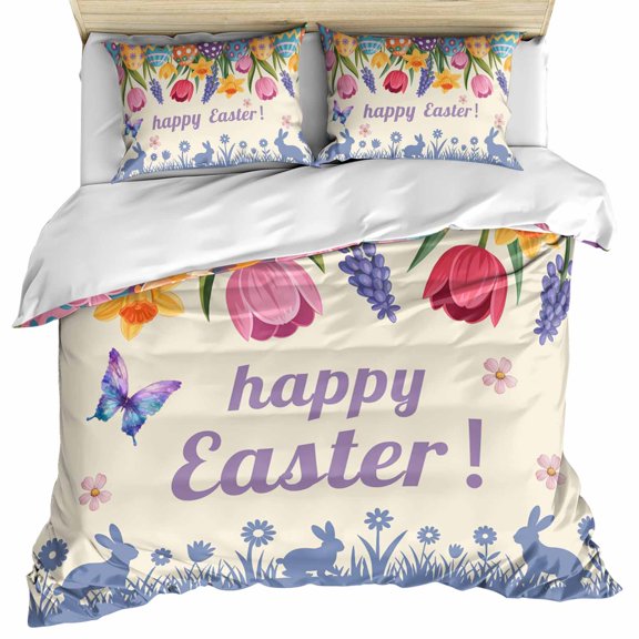 Easter Bedding 3 Piece Duvet Cover Set Twin Size, Tulip Flowers Spring Easter Egg Bunny Butterfly Beige Microfiber Comforter Cover with Zipper Closure & Pillowcases, FadeResistant Quilt Cover