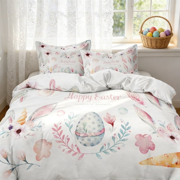 Easter Bedding,Easter Decorations,Duvet Cover Twin Size 3 Piece Bedding Set, Happy Easter Eggs Rabbit Bunny Soft Breathable Comforter Cover with 2 Pillow Shams(C83*83IN)