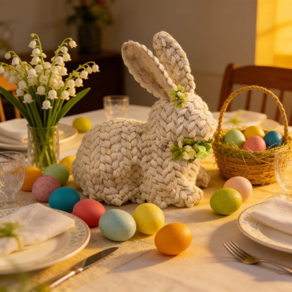 Easter Beige Tailless Standing Bunny Figurine, String Rope Whimsical Design, Sturdy Durable Reusable, Versatile Indoor, for Easter Table Shelf Mantel Home Decor & Family Gift