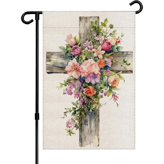 Easter Bible Cross Lily Garden Flag 12x18 Inch Double Sided He Has Risen Spring Summer Outdoor Yard Decoration