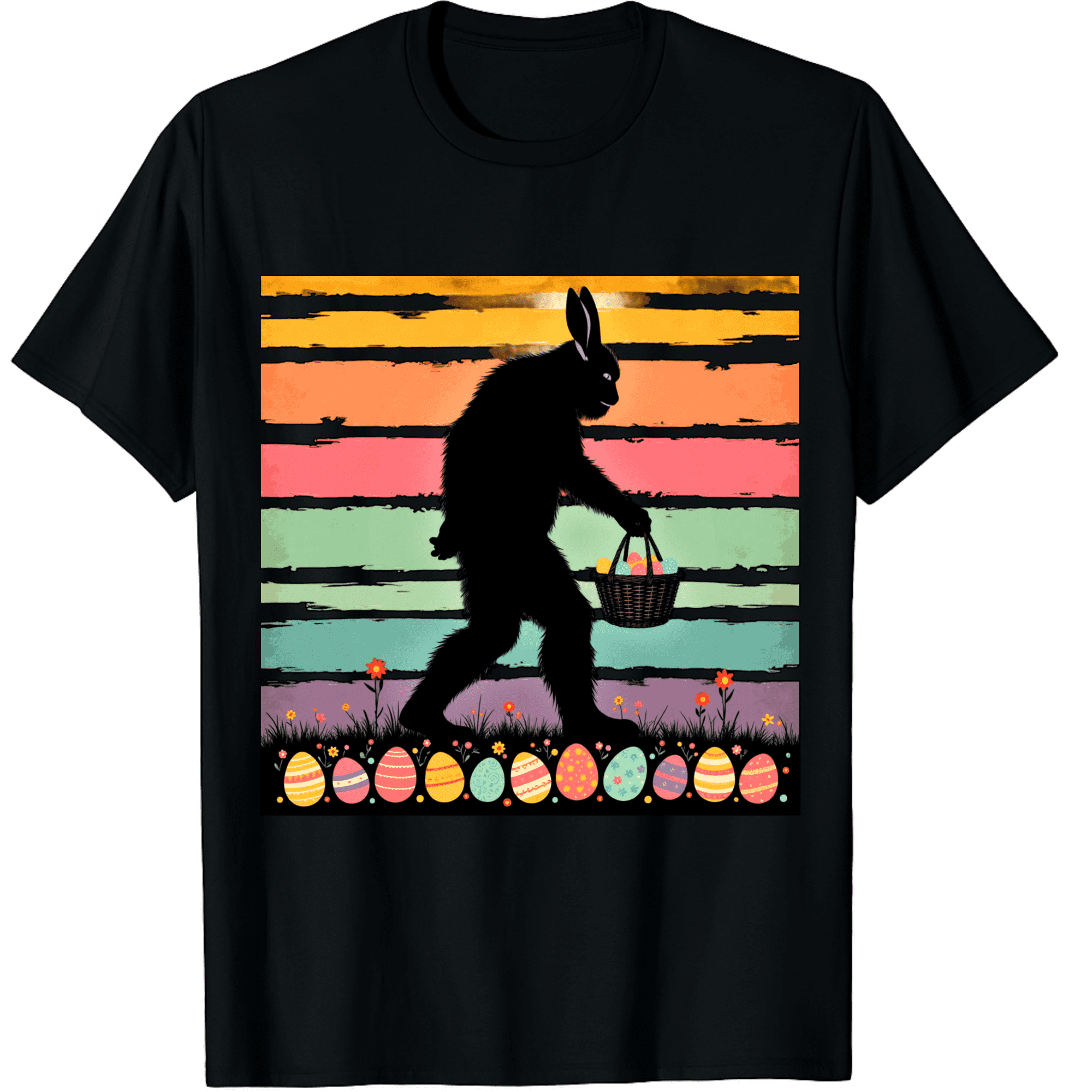 Easter Bigfoot Bunny Ear Egg Basket Retro Striped Short Sleeve T-Shirt ...