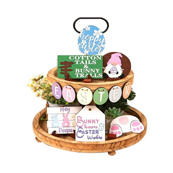 Easter, Birthday Gifts for Friends & Family - Wooden Bunny Egg Tiered Tray Decor, Farmhouse Kitchen Home Decoration for Festivals