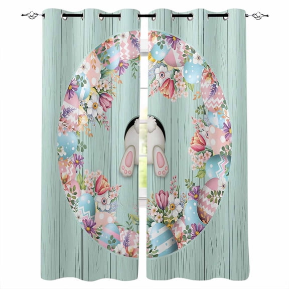 Easter Black Out Curtains 63 Inch Long, Room Darkening Draperies Curtains Panels, Bunny Spring Floral Eggs Sage Green Wooden Thermal Insulated Curtain for Bedroom Living Room 52"x63" 2 Panels