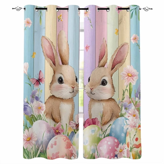 Easter Black Out Curtains 63 Inch Long, Room Darkening Draperies Curtains Panels, Spring Bunny Eggs Botanical Floral Wooden Grain Thermal Insulated Curtain for Bedroom Living Room 52"x63" 2 Panels