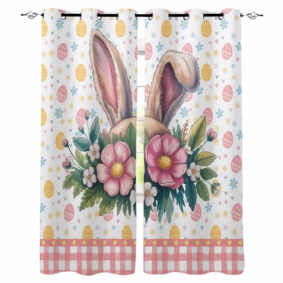 Easter Black Out Curtains 63 Inch Long, Room Darkening Draperies Curtains Panels, Spring Floral Eggs Pink Checkered Pastoral Thermal Insulated Curtain for Bedroom Living Room 52"x63" 2 Panels