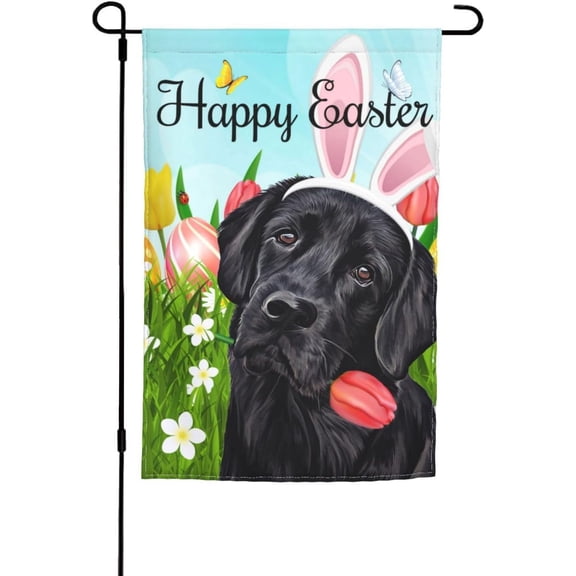Easter Black Labrador Dog Garden Flag 12x18 Inch Double Sided Vertical Yard Decoration with Eggs and Tulips for Outdoor Seasonal Holiday