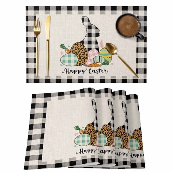 Easter Black Placemats Set of 6, Plaid Rabbit Colorful Eggs Linen Texture Non-Slip Place Mats Washable Table Mats for Kitchen Dining Table Decorations Indoor/Outdoor