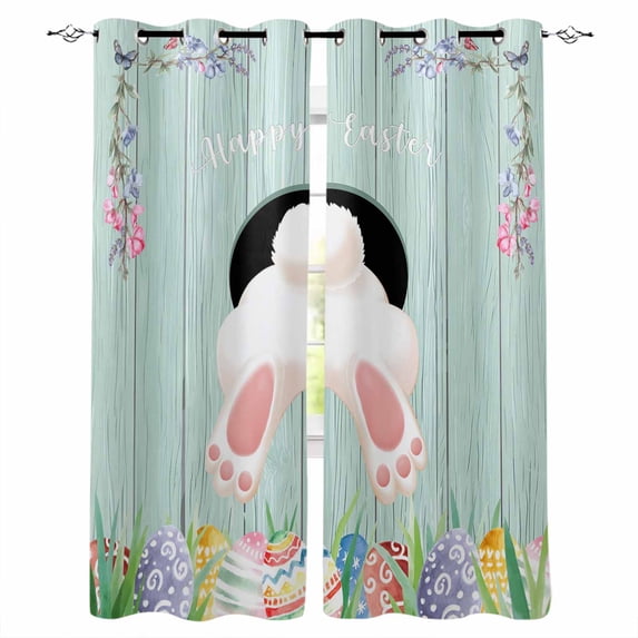 Easter Blackout Curtains 45 Inches Long, Kitchen Black Out Window Treatments, Turquoise Bunny Eggs Spring Floral Wooden Thermal Insulated Lined Drapes for Small Window with Grommet 42"x45"