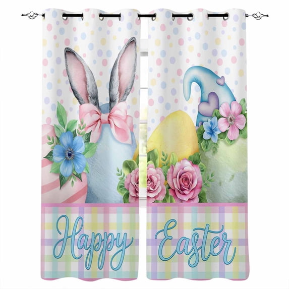 Easter Blackout Curtains for Bedroom Living Room Darkening Curtains 54 Inch Long Spring Colorful Bunny Eggs Flowers Polka Dot Plaid Short Curtain for Small Window Treatment Grommet Drapes 42"x54"x2