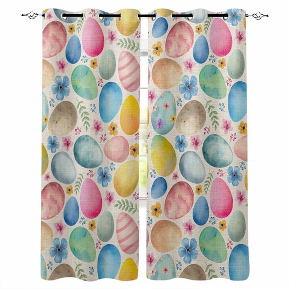 Easter Blackout Curtains for Bedroom Living Room Darkening Curtains 54 Inch Long Spring Colorful Eggs Flower Leaf Plant Beige Short Curtain for Small Window Treatment Grommet Drapes 52"x54"x2