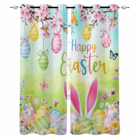 Easter Blackout Curtains for Bedroom Living Room Darkening Curtains 84 Inch Length 2 Panels Set Spring Bunny Colorful Rabbit Eggs Butterfly Blue Green Window Curtain Window Treatment Drapes 52"x84"