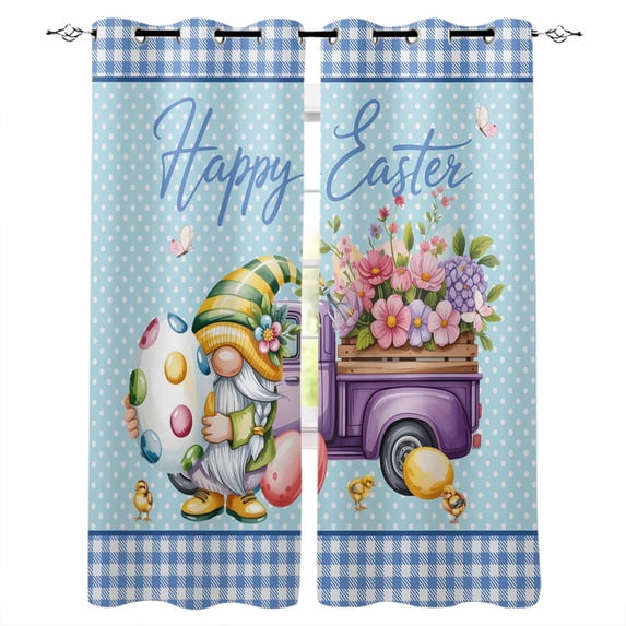 Easter Blackout Curtains for Bedroom Living Room Darkening Curtains 90 Inch Gnomes Colorful Dots Eggs Truck Flowers Blue Plaid Black Out Window Curtain Privacy Window Treatment Drapes 52"x90"x2