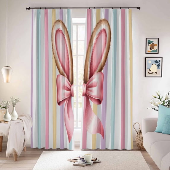 Easter Blackout Curtains for Bedroom/Living Room, Pinch Pleated Black Out Curtains, Spring Cute Pink Bow Rabbit Ear Colorful Stripes Room Darkening Window Drapes with Hooks 2 Panels, 39"x70"