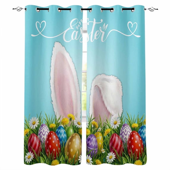 Easter Blackout Curtains for Bedroom/Living Room, Thermal Insulated Kitchen Curtains, Bunny Colorful Eggs Spring Floral Botanical Grommet Darkening Window Treatment Drapes 52"x84"x2