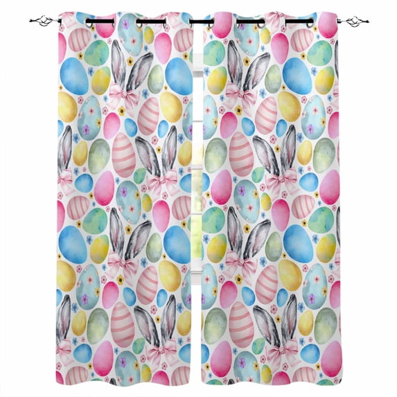 Easter Blackout Curtains for Bedroom, Spring Cute Colorful Eggs Bunny Flower Plant Thermal Insulated Kitchen Drapes with Grommets, Light Blocking Window Treatment, 2 Panels 42" x 54"