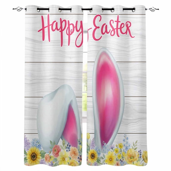 Easter Blackout Curtains for Bedroom, Spring Farmhouse Country Bunny Flower Wood Grain Thermal Insulated Kitchen Drapes with Grommets, Light Blocking Window Treatment, 2 Panels 52" x 84"