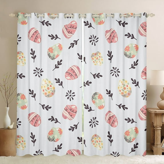 Easter 30%-50% Blackout Curtains Colored Easter Eggs Curtains for Bedroom, Watercolor Stripes Floral Eggs Curtains & Drapes, Botanical Leaves Flowers Window Treatments 42Wx63L