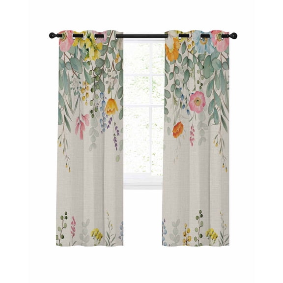 Easter Blackout Curtains for Living Bedroom, Spring Pink Yellow Blue Floral Eucalyptus Leaves Linen Texture 39 In Long Thermal Insulated Room Darkening Drapes Grommet Window Treatments, 27.5 x 39 In
