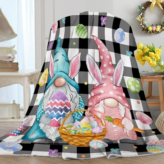 Easter Blanket 50" X 60", Easter Decorations for Home Buffalo Plaid Throw Blankets, Happy Easter Gifts for Him Her Decor, Gnomes Bunny Truck Eggs Tulip Decor Soft Blanket