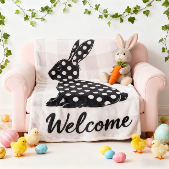 Easter Blanket, Happy Easter Throw Blanket, Farmhouse Style Bunny Decorative Throw, Spring Holiday Home Accent for Sofa Bed and Living Room