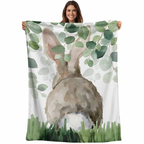 Easter Blanket Soft Cozy Warm Throw Blanket for Couch, Plush Fuzzy Flannel Fleece Blankets for Sofa, Spring Bunny Botanical Eucalyptus Leaves Plants Bed Blankets Lightweight Gifts for Women, 50"x80"