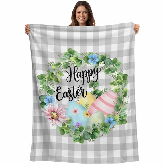 Easter Blanket Soft Cozy Warm Throw Blanket for Couch, Plush Fuzzy Flannel Fleece Blankets for Sofa, Spring Colorful Eggs Flower Leaf Grey Plaid Checkered Bed Blankets Gifts for Men, 50"x80"