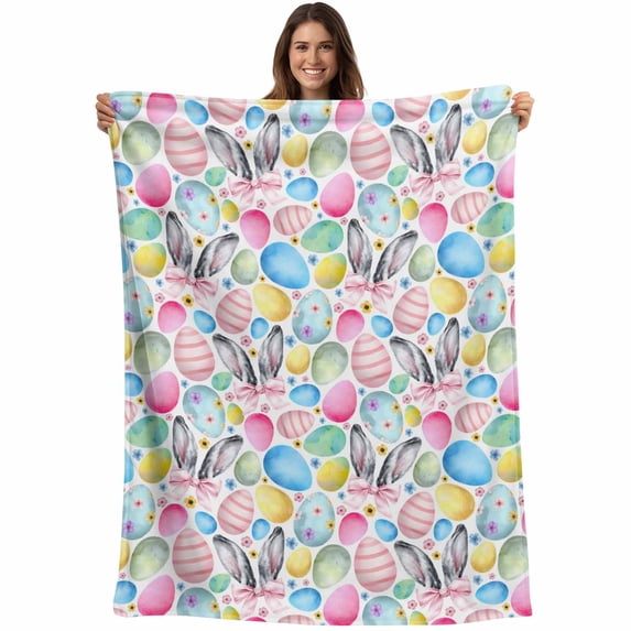 Easter Blanket Soft Cozy Warm Throw Blanket for Couch, Plush Fuzzy Flannel Fleece Blankets for Sofa, Spring Cute Colorful Eggs Bunny Flower Plant Bed Blankets Lightweight Gifts for Women, 30"x40"