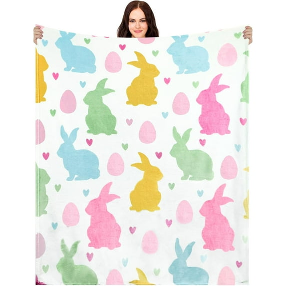 Easter Blanket Spring Bunny Rabbit Eggs Soft Flannel Colorful Decorative Throw Blanket Holiday Square Birthday Blanket for Easter Gifts Home Couch Sofa Bed Room, 50 * 60inch