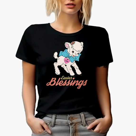 Easter Blessings & Cute Lamb Art, Easter Day or Sunday Souvenir or Merch Gift, Black T-Shirt, XL