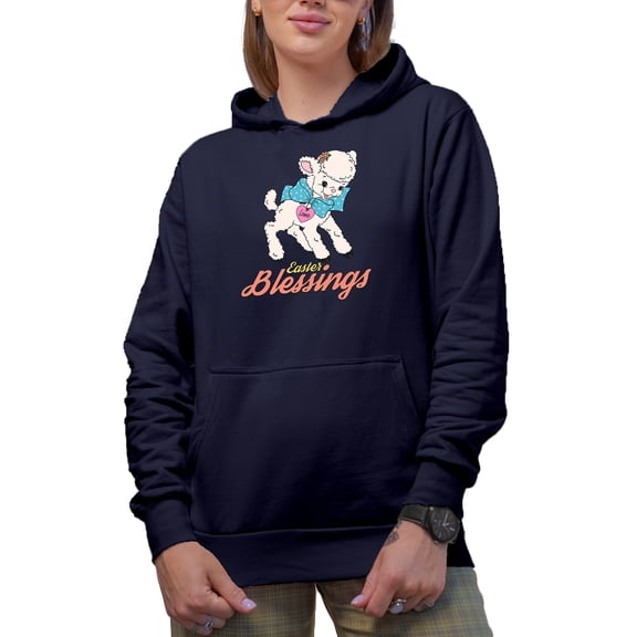 Easter Blessings & Cute Lamb Art, Easter Day or Sunday Souvenir or Merch Gift, Navy Blue Hooded Sweatshirt or Hoodie, Medium