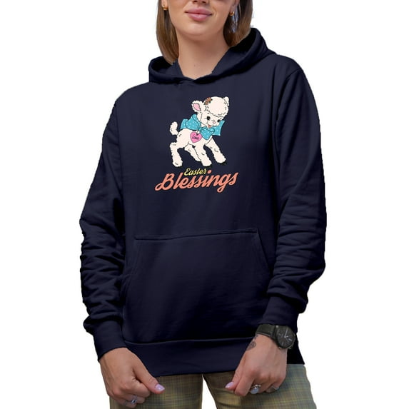 Easter Blessings & Cute Lamb Art, Easter Day or Sunday Souvenir or Merch Gift, Navy Blue Hooded Sweatshirt or Hoodie, XL