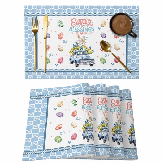 Easter Blessings Placemats Set of 1, Rabbit Truck Eggs Spring Blue Flower Plaid Non-Slip Place Mats Washable Table Mats for Kitchen Dining Table Decorations Indoor/Outdoor