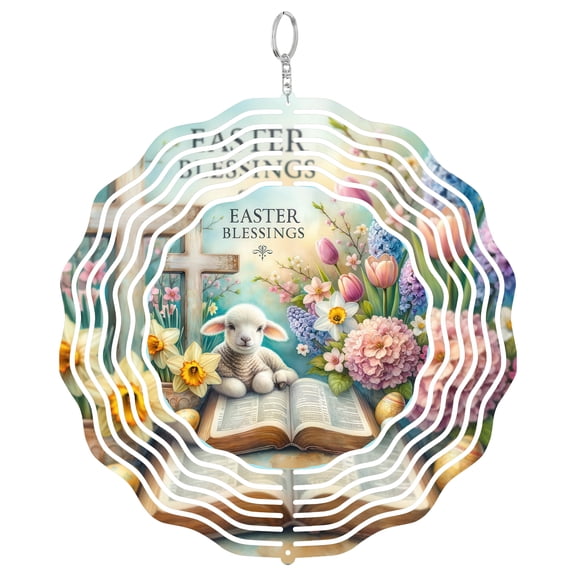 Easter Blessings Religious Cross 3D Wind Spinner, Faithful Holiday Gift, UV Printed Metal Kinetic Yard Art, Round
