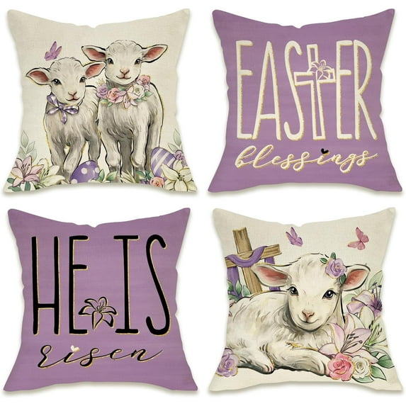 Easter Blessings Sheep Decorative Throw Pillow Covers 18 x 18 Set of 4, He is Risen Religious Cross Purple Porch Patio Outdoor Pillowcase, Lily Flower Eggs Butterfly Cushion Case Home Decor