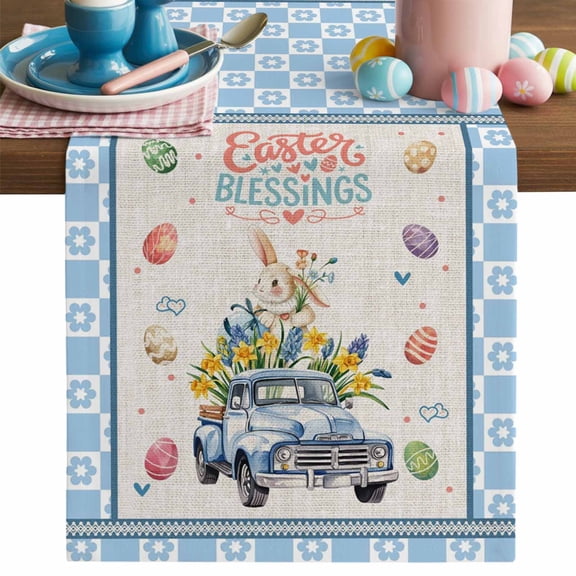 Easter Blessings Table Runner, Rabbit Truck Eggs Linen Blue Flower Plaid Cotton Linen Kitchen Table Decoration Washable Dining Tabletop Runners for Home Party Decor 13x60 Inches