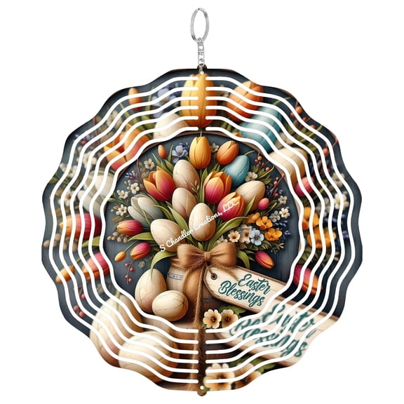 Easter Blessings Tulips Eggs 3D Wind Spinner Spring Holiday Religious Garden Art