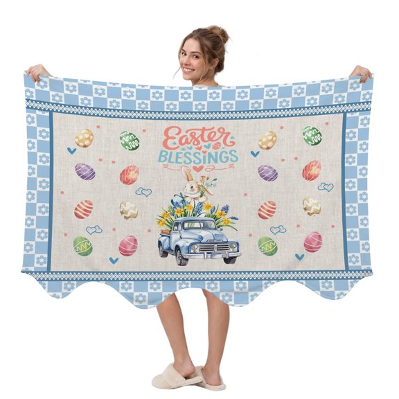 Easter Blessings Wearable Blanket, Rabbit Truck Eggs Linen Blue Flower Plaid Plush Thick Cozy Flannel Oversized Adult Throw Body Wearable Blankets with Pocket Gifts for Women Men 45x64in