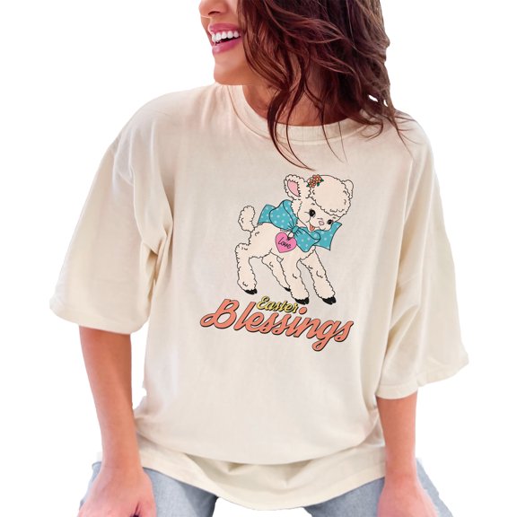 Easter Blessings with a Cute Lamb Art, Easter Day or Sunday Favor, Souvenir or, Ivory Comfort Colors T-Shirt, Large