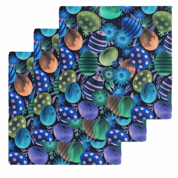 Easter Blue Eggs Kitchen Dish Towels for Drying Dishes Set of 3, Spring Floral Polka Dot Black Waffle Weave Microfiber Hand Tea Bathroom Towels Quick Dry & Absorbent Towel 12x12