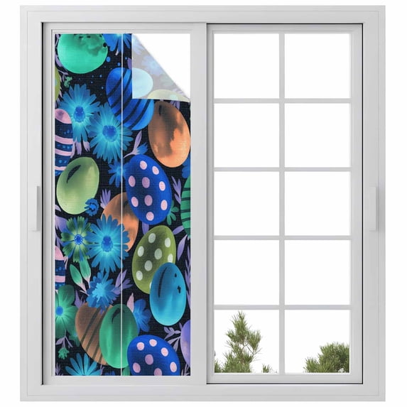 Easter Blue Eggs Window Privacy Film, Spring Floral Polka Dot Black Static Cling UV Sun Blocking Heat Control Window Tint Day and Night, Non-Adhesive One Way Windows Privacy Cover 29.5''x78.7''