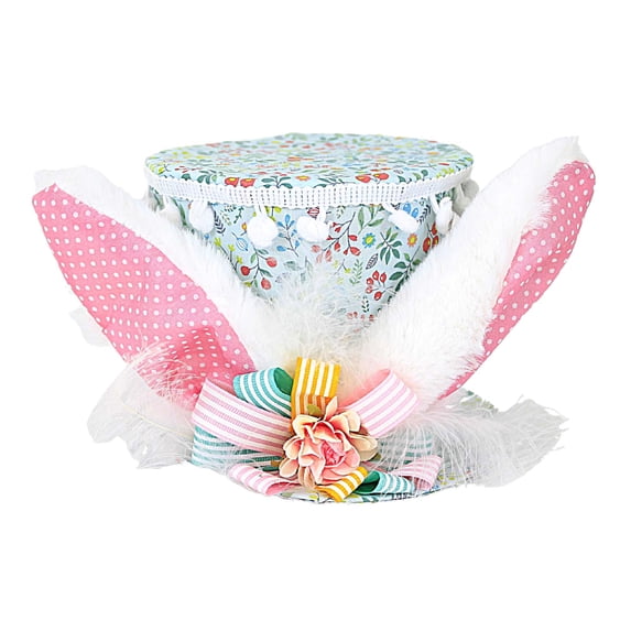 Easter Blue Print Hat With Bunny Ears Cotton Rabbit Feathers Bow 0808763