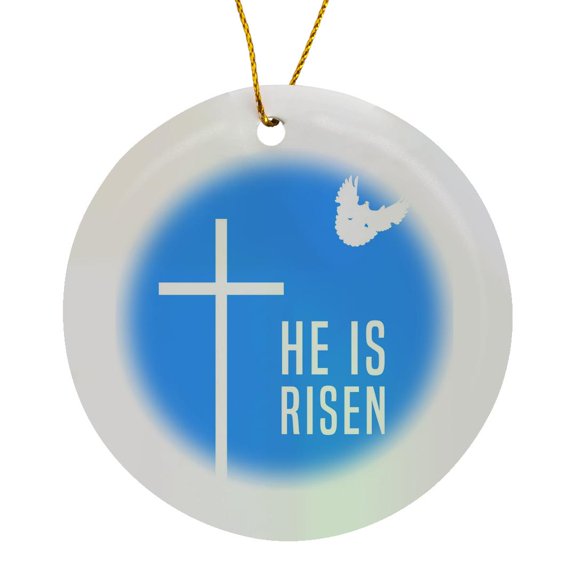 3drose, Easter. Blue Sky, Cross, Dove, Text He Is Risen, Circle Porcelain Ornament
