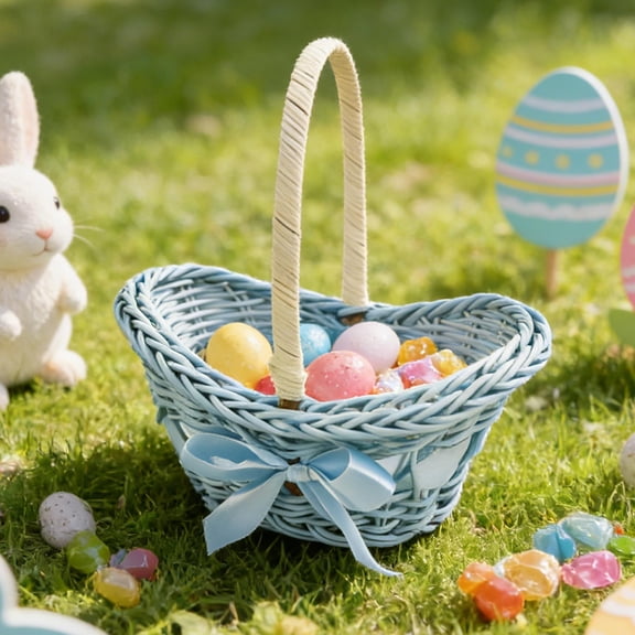Easter Boat Shape Woven Basket 7.09x6.69 Inch, Plastic Handled Storage Basket for Artificial Flowers, Mini Decorative Container Mini Desktop Decorative Container for Small Items