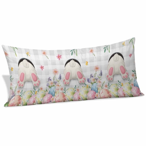 Easter Body Pillow Covers 20"x60", Spring Rabbit Feet Eggs Botanical Floral Grey Plaid Soft Brushed Microfiber Breathable Throw Pillow Covers, Decorative Pillowcase with Zipper for Couch Sofa Bedroom