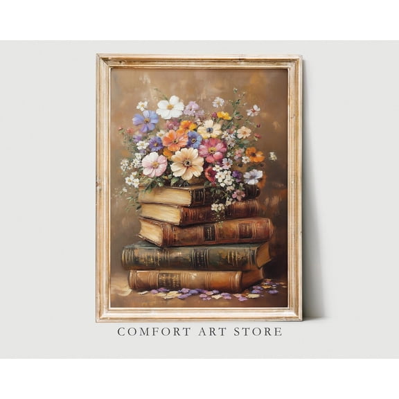 Easter Book Stack Print Floral Spring Wall Art Neutral Spring Flower Dark Academia Decor Spring Wildflower Printable Moody Vintage Bouquet, F348, Unframed Poster Size 12x18